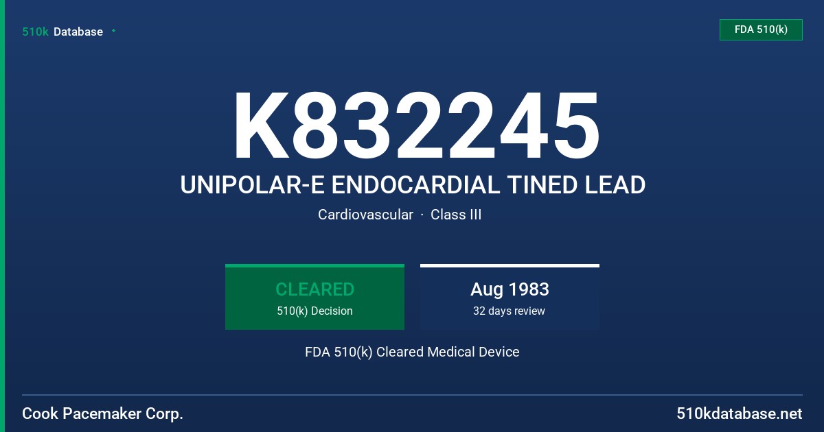 K832245 UNIPOLAR-E ENDOCARDIAL TINED LEAD FDA 510(k) Cleared Medical Device