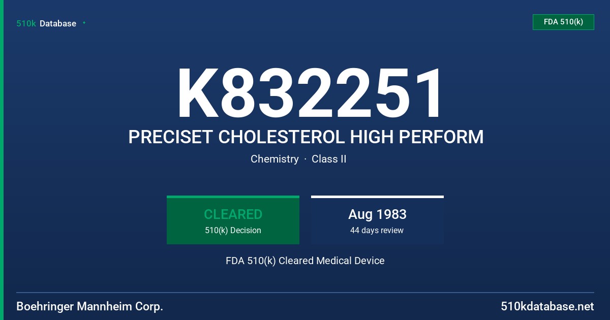 K832251 PRECISET CHOLESTEROL HIGH PERFORM FDA 510(k) Cleared Medical Device