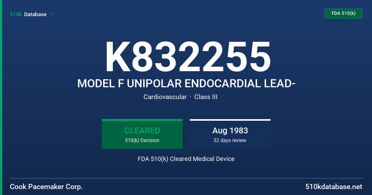 K832255 MODEL F UNIPOLAR ENDOCARDIAL LEAD- FDA 510(k) Cleared Medical Device