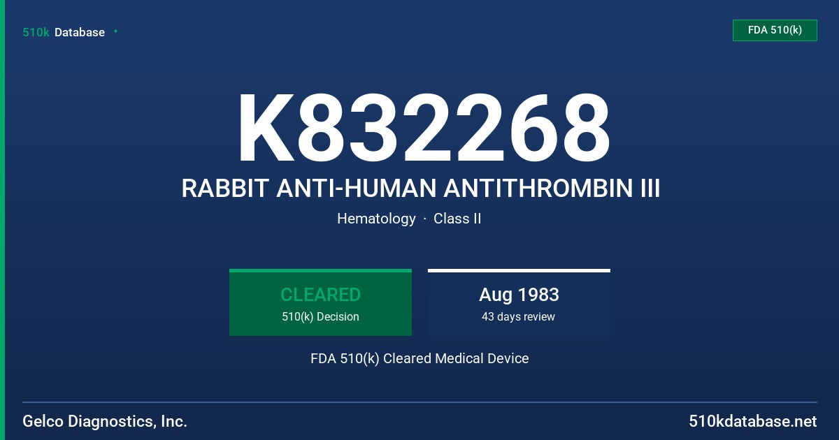 K832268 RABBIT ANTI-HUMAN ANTITHROMBIN III FDA 510(k) Cleared Medical Device