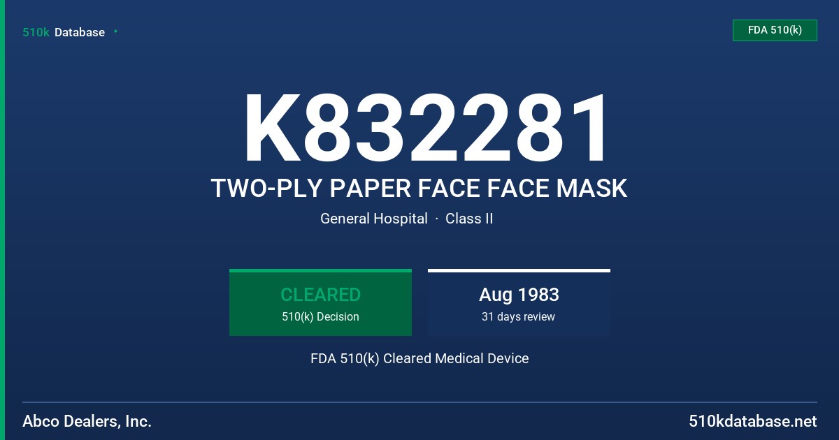 K832281 TWO-PLY PAPER FACE FACE MASK FDA 510(k) Cleared Medical Device