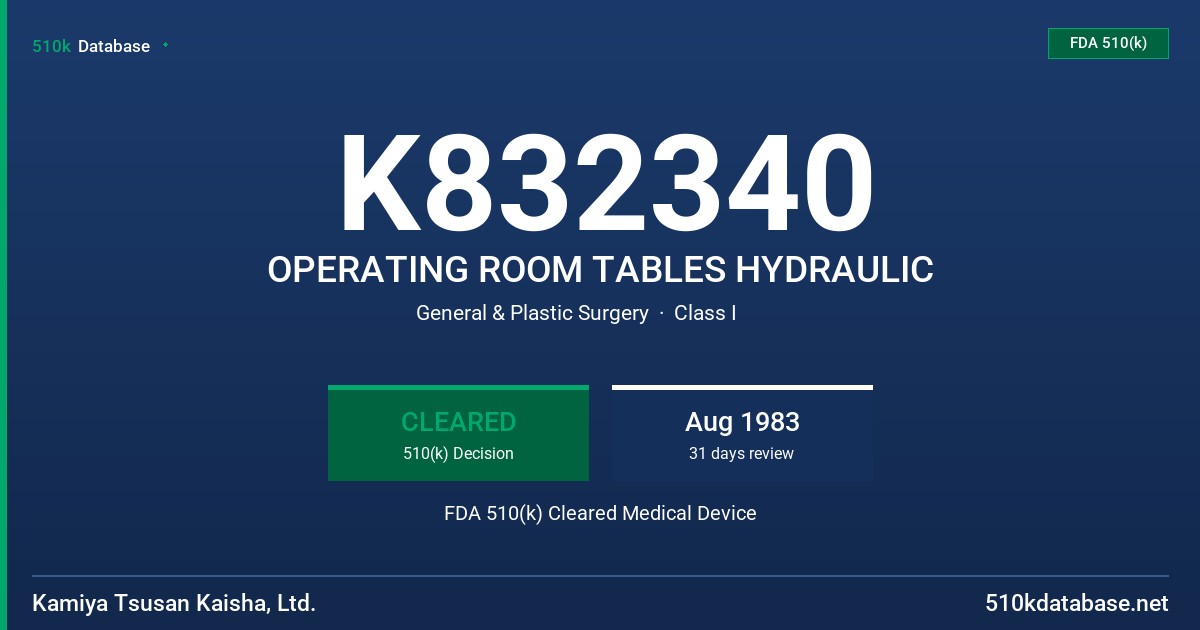 K832340 OPERATING ROOM TABLES HYDRAULIC FDA 510(k) Cleared Medical Device