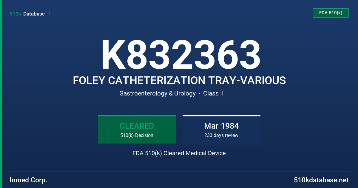 K832363 FOLEY CATHETERIZATION TRAY-VARIOUS FDA 510(k) Cleared Medical Device