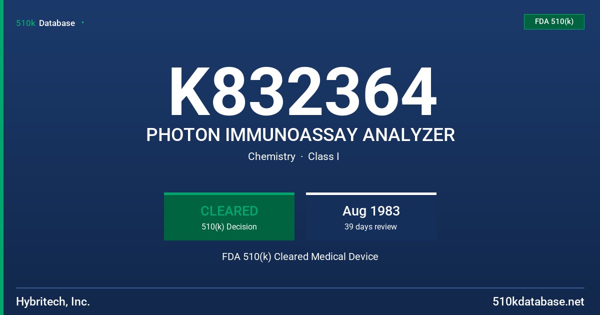 K832364 PHOTON IMMUNOASSAY ANALYZER FDA 510(k) Cleared Medical Device