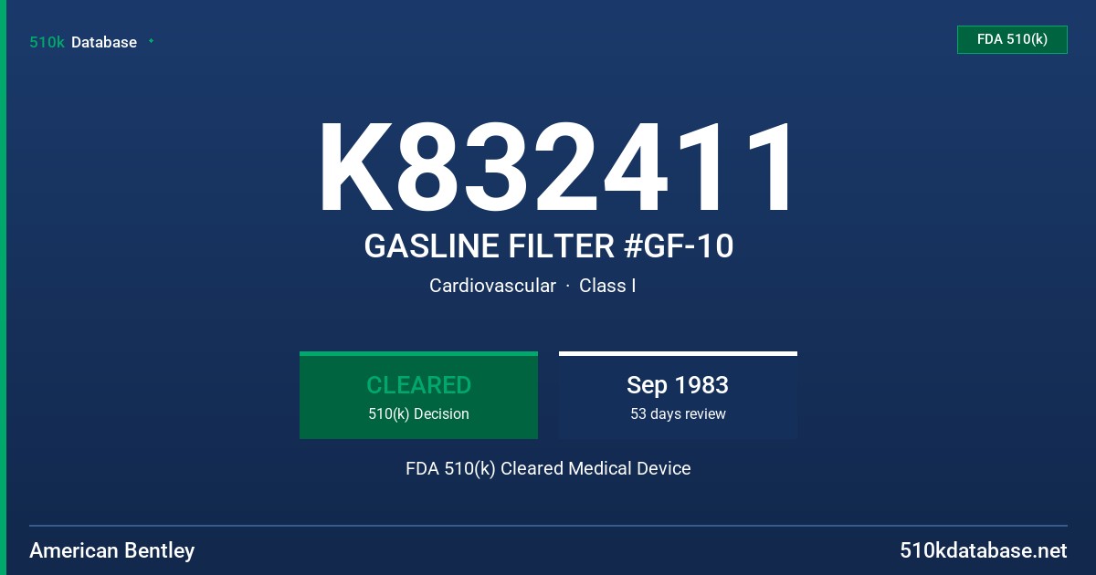 K832411 GASLINE FILTER #GF-10 FDA 510(k) Cleared Medical Device