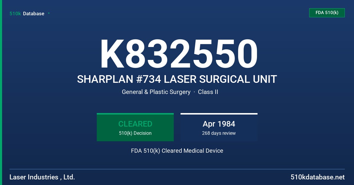 K832550 SHARPLAN #734 LASER SURGICAL UNIT FDA 510(k) Cleared Medical Device