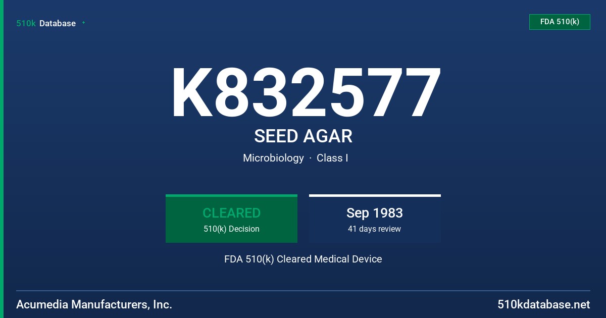 K832577 SEED AGAR FDA 510(k) Cleared Medical Device