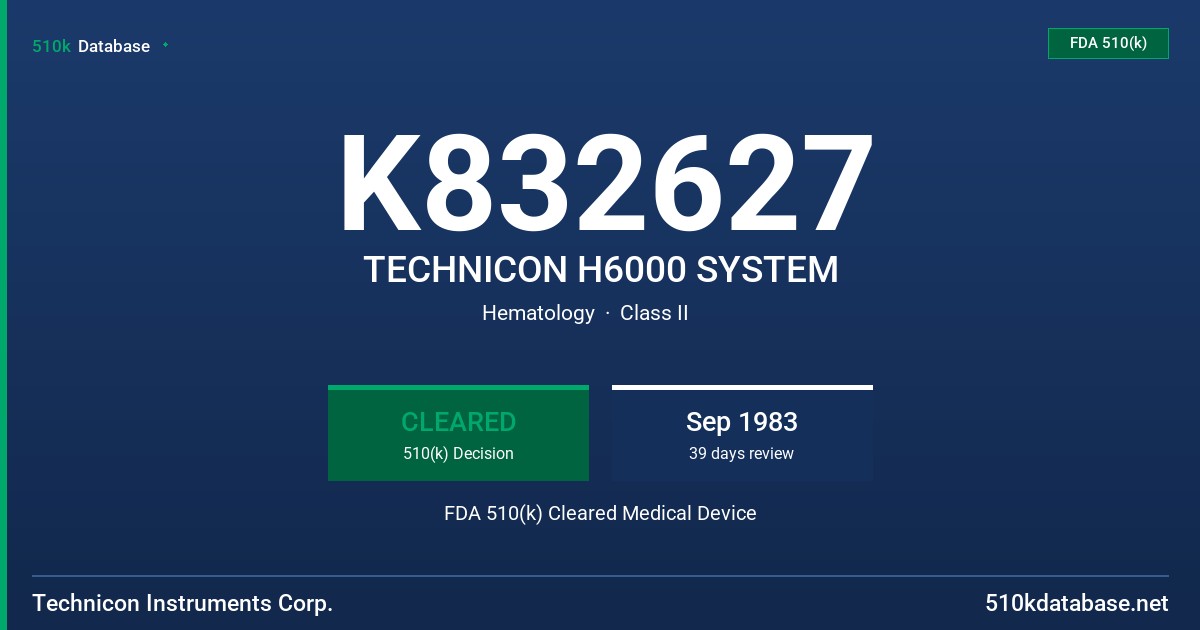 K832627 TECHNICON H6000 SYSTEM FDA 510(k) Cleared Medical Device