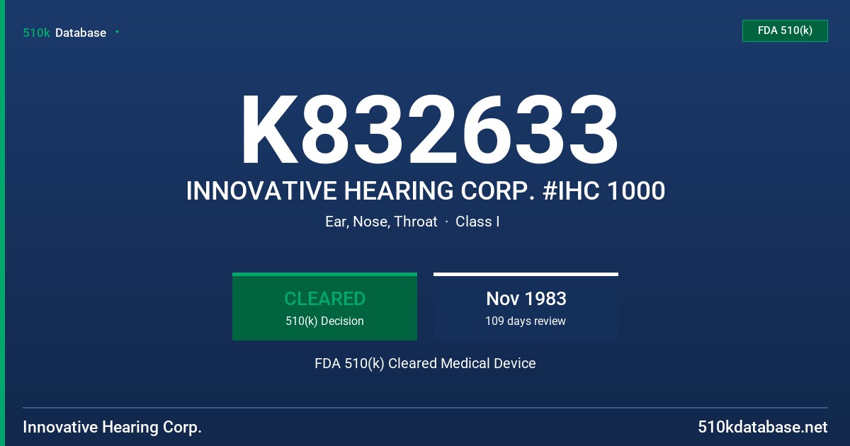 K832633 INNOVATIVE HEARING CORP. #IHC 1000 FDA 510(k) Cleared Medical Device