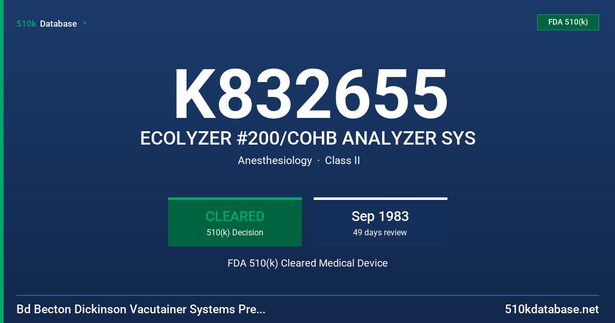 K832655 ECOLYZER #200/COHB ANALYZER SYS FDA 510(k) Cleared Medical Device