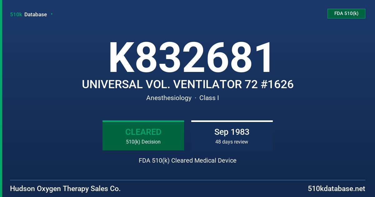 K832681 UNIVERSAL VOL. VENTILATOR 72 #1626 FDA 510(k) Cleared Medical Device