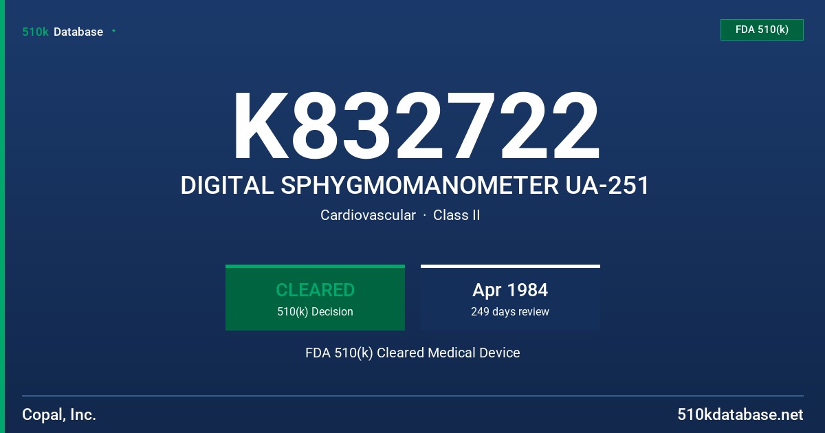 K832722 DIGITAL SPHYGMOMANOMETER UA-251 FDA 510(k) Cleared Medical Device