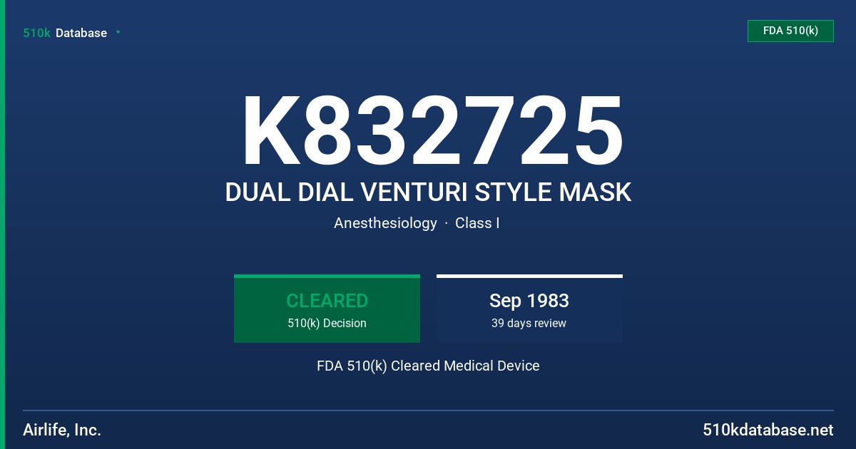 K832725 DUAL DIAL VENTURI STYLE MASK FDA 510(k) Cleared Medical Device