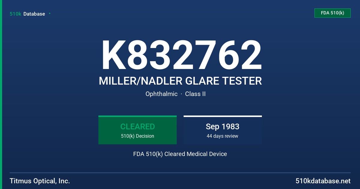 K832762 MILLER/NADLER GLARE TESTER FDA 510(k) Cleared Medical Device