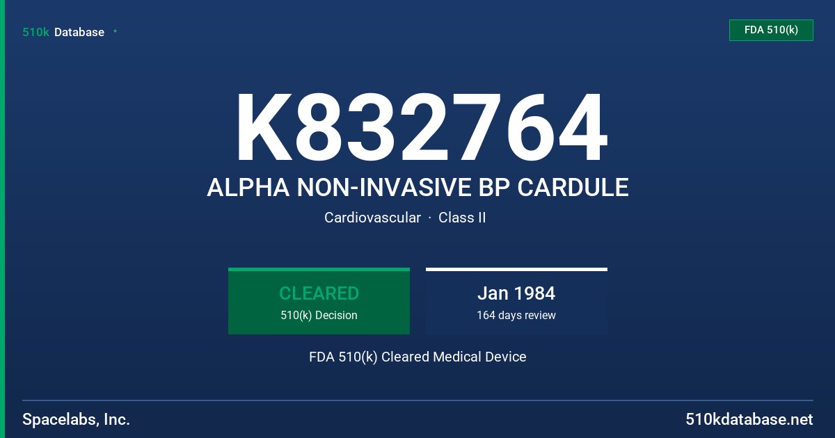 K832764 ALPHA NON-INVASIVE BP CARDULE FDA 510(k) Cleared Medical Device