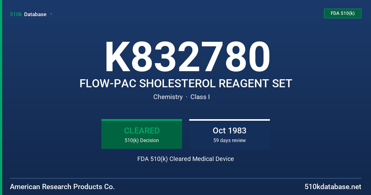 K832780 FLOW-PAC SHOLESTEROL REAGENT SET FDA 510(k) Cleared Medical Device