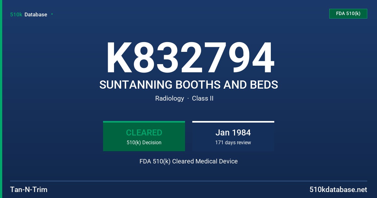 K832794 SUNTANNING BOOTHS AND BEDS FDA 510(k) Cleared Medical Device