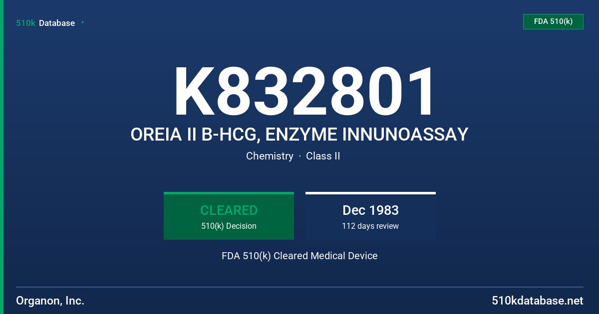 K832801 OREIA II B-HCG, ENZYME INNUNOASSAY FDA 510(k) Cleared Medical Device