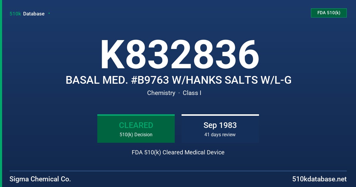 K832836 BASAL MED. #B9763 W/HANKS SALTS W/L-G FDA 510(k) Cleared Medical Device