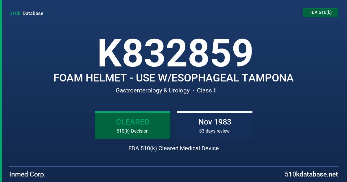 K832859 FOAM HELMET - USE W/ESOPHAGEAL TAMPONA FDA 510(k) Cleared Medical Device