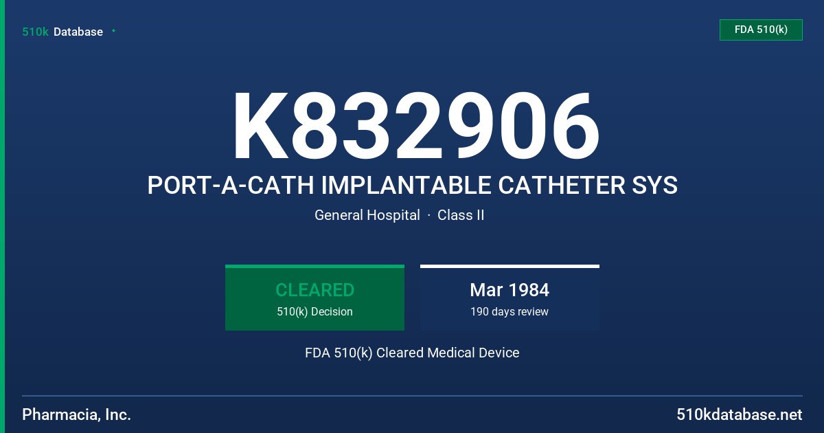 K832906 PORT-A-CATH IMPLANTABLE CATHETER SYS FDA 510(k) Cleared Medical Device