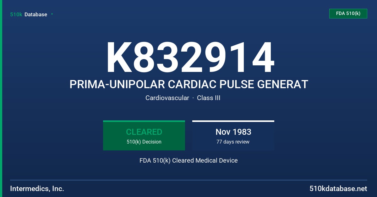K832914 PRIMA-UNIPOLAR CARDIAC PULSE GENERAT FDA 510(k) Cleared Medical Device