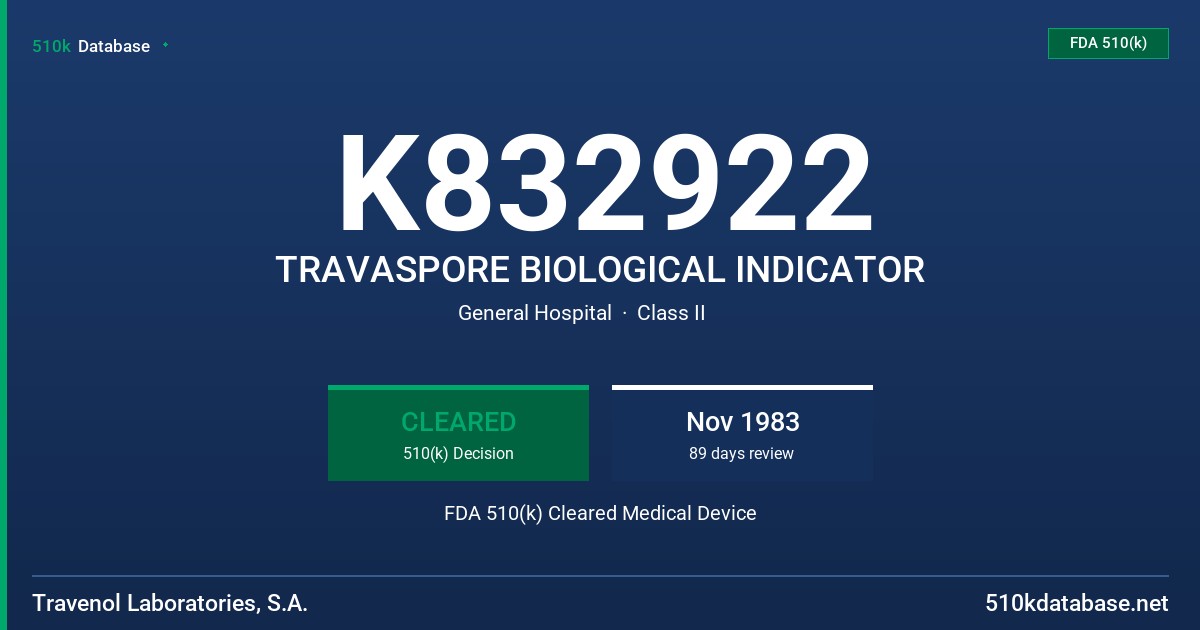 K832922 TRAVASPORE BIOLOGICAL INDICATOR FDA 510(k) Cleared Medical Device