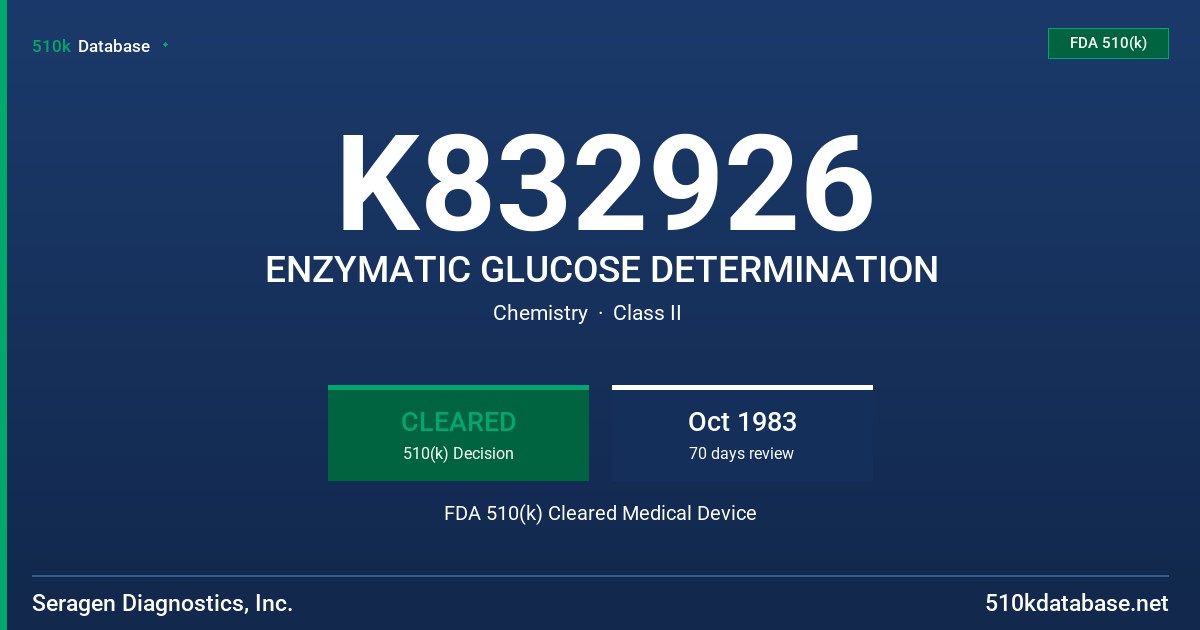 K832926 ENZYMATIC GLUCOSE DETERMINATION FDA 510(k) Cleared Medical Device