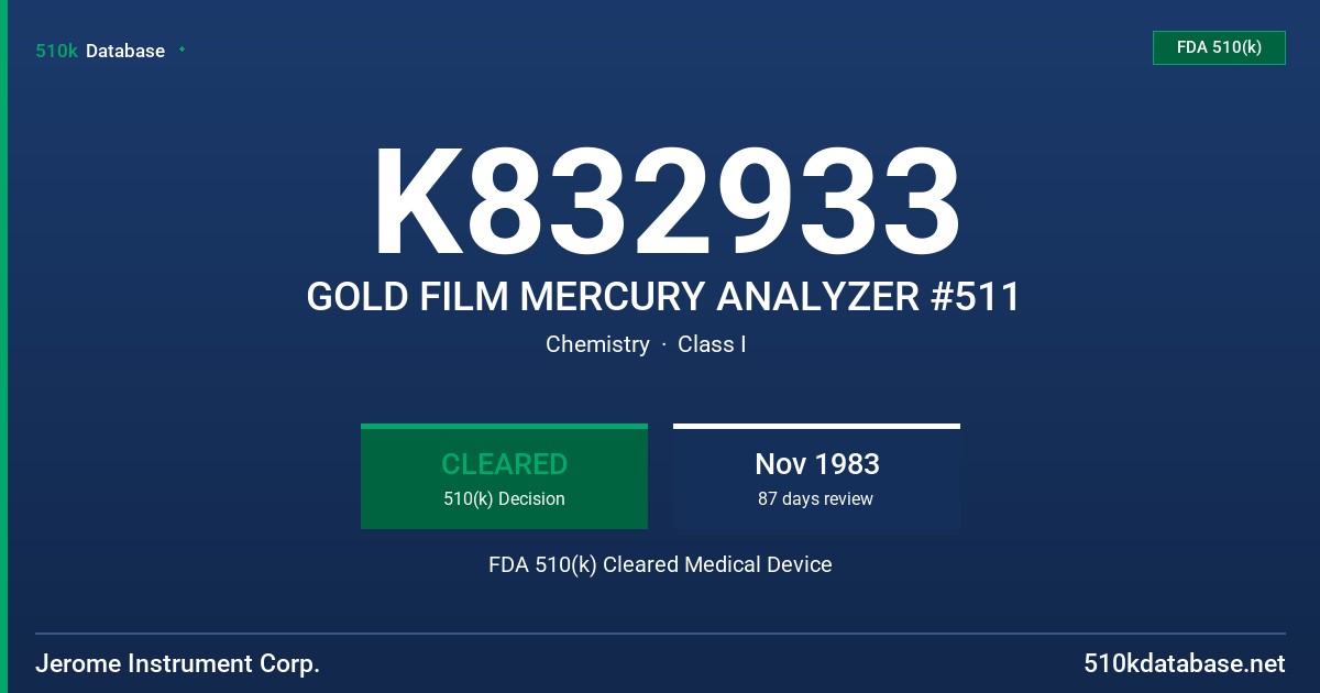 K832933 GOLD FILM MERCURY ANALYZER #511 FDA 510(k) Cleared Medical Device