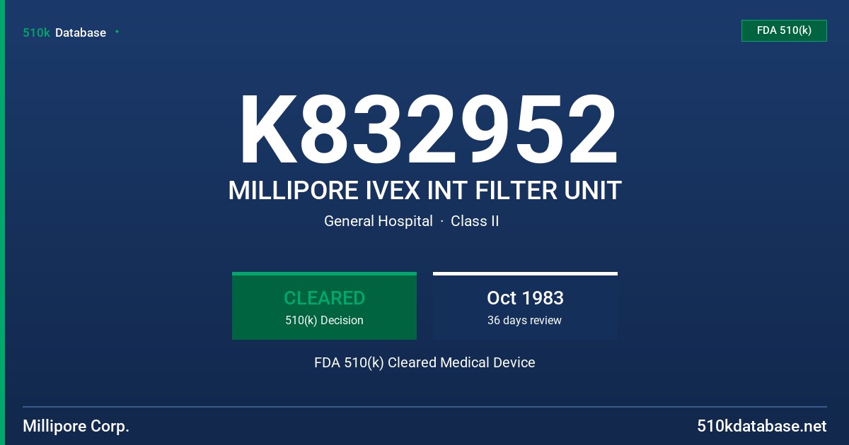K832952 MILLIPORE IVEX INT FILTER UNIT FDA 510(k) Cleared Medical Device