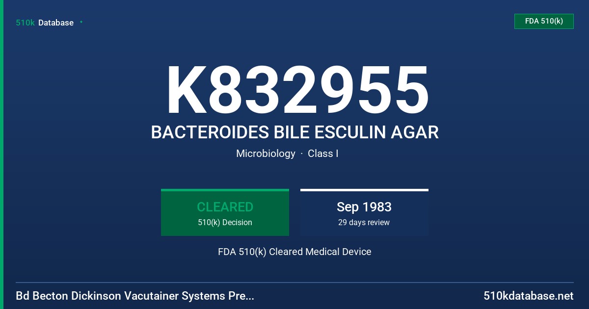 K832955 BACTEROIDES BILE ESCULIN AGAR FDA 510(k) Cleared Medical Device
