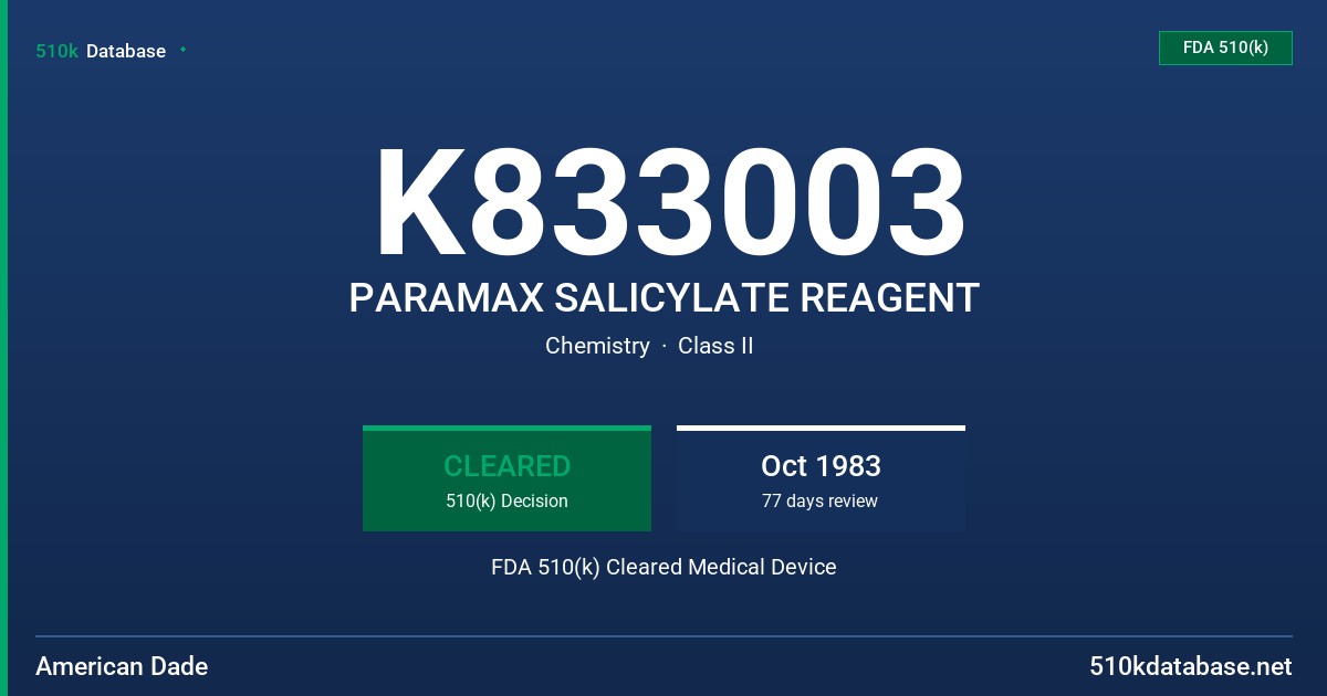 K833003 PARAMAX SALICYLATE REAGENT FDA 510(k) Cleared Medical Device
