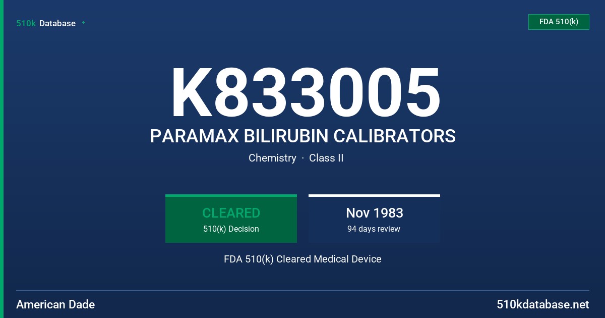 K833005 PARAMAX BILIRUBIN CALIBRATORS FDA 510(k) Cleared Medical Device