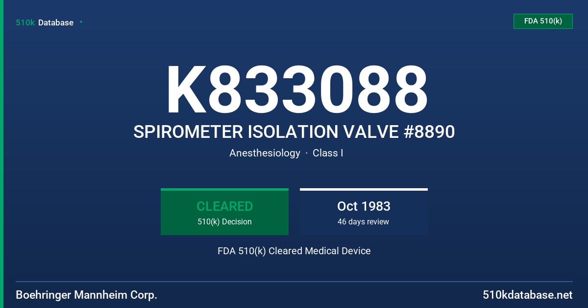 K833088 SPIROMETER ISOLATION VALVE #8890 FDA 510(k) Cleared Medical Device