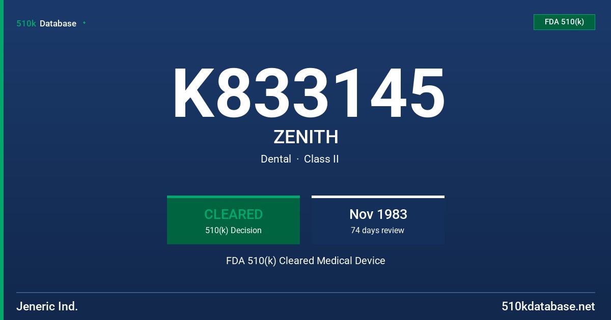 K833145 ZENITH FDA 510(k) Cleared Medical Device
