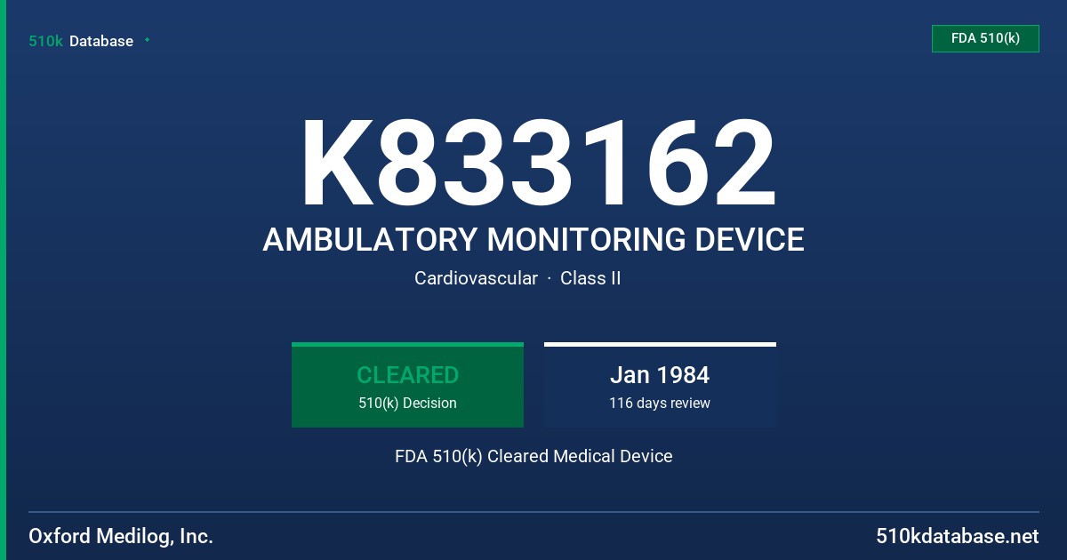 K833162 AMBULATORY MONITORING DEVICE FDA 510(k) Cleared Medical Device