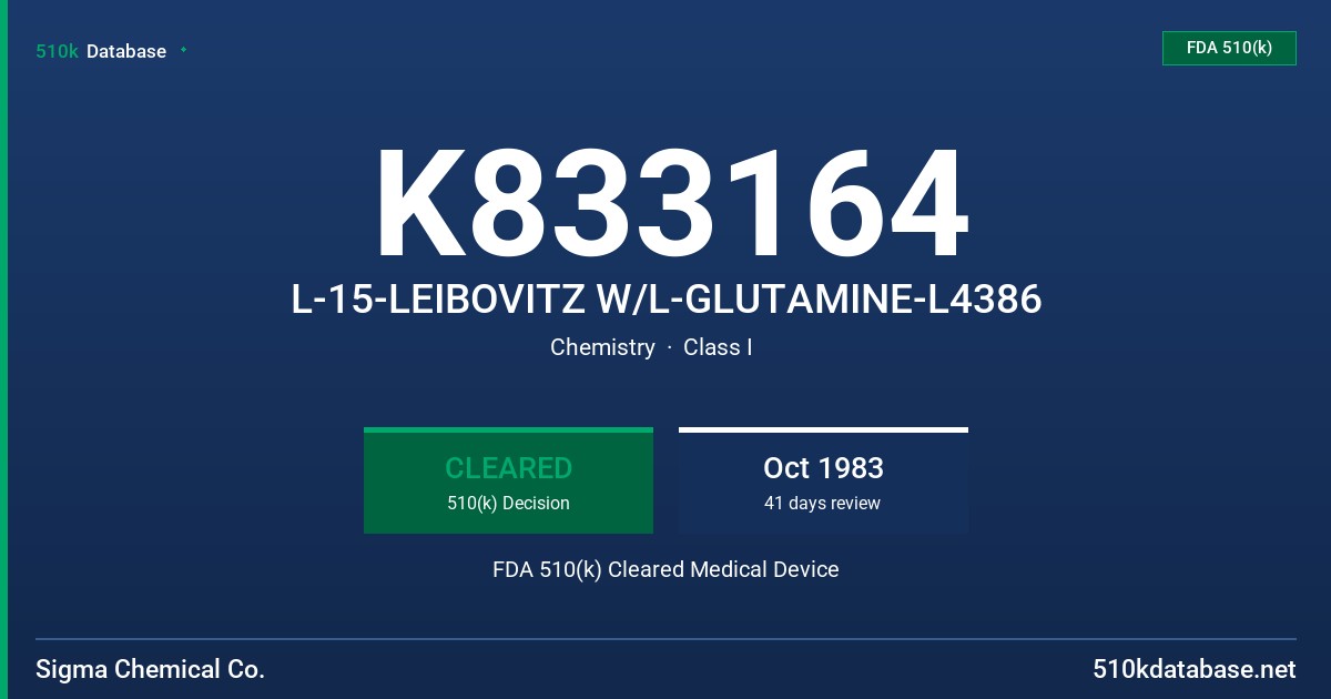 K833164 L-15-LEIBOVITZ W/L-GLUTAMINE-L4386 FDA 510(k) Cleared Medical Device