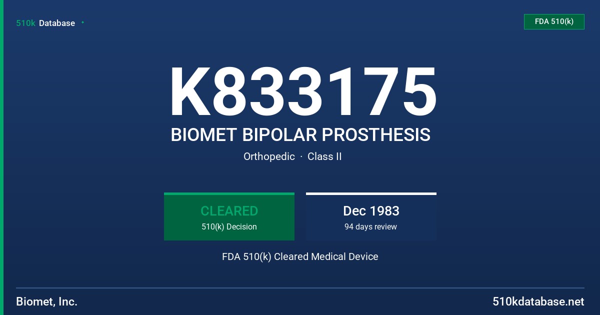 K833175 BIOMET BIPOLAR PROSTHESIS FDA 510(k) Cleared Medical Device