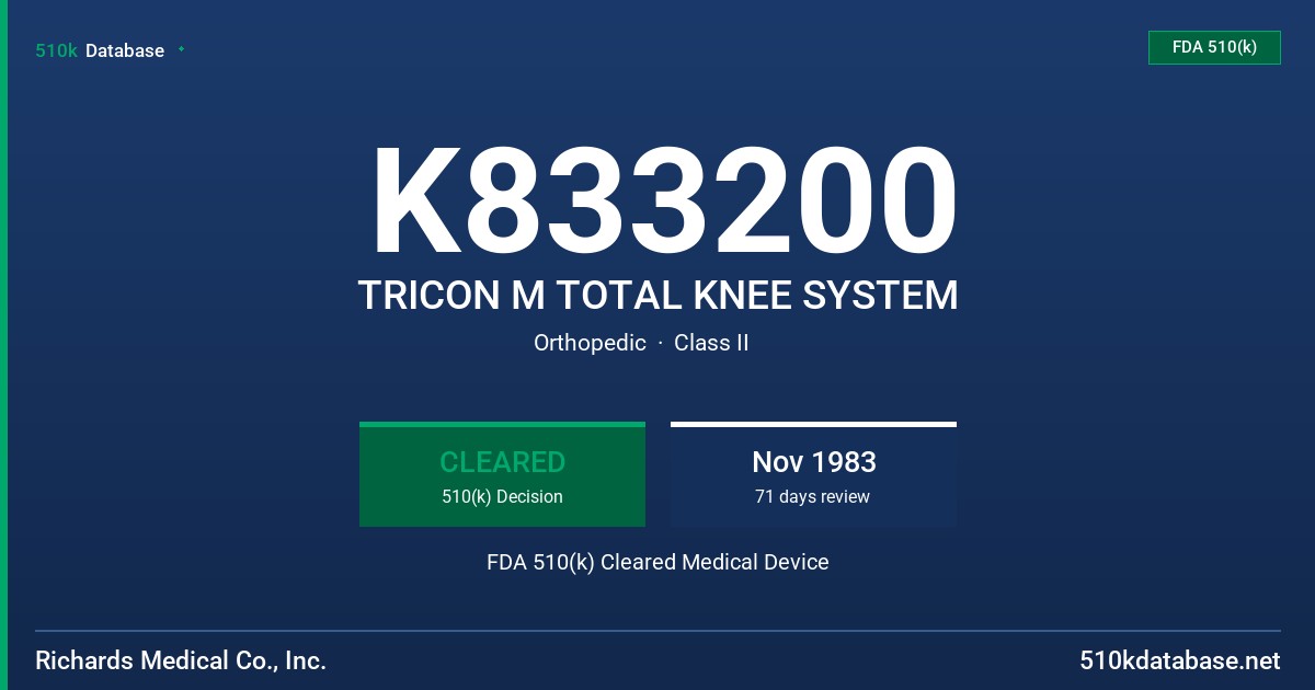 K833200 TRICON M TOTAL KNEE SYSTEM FDA 510(k) Cleared Medical Device