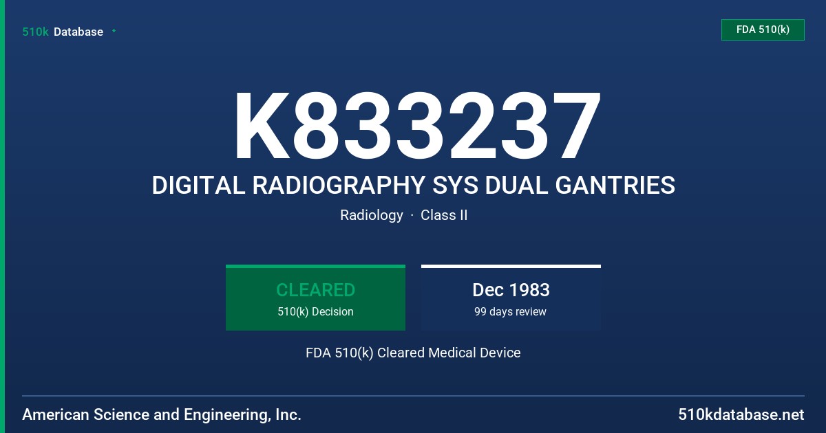K833237 DIGITAL RADIOGRAPHY SYS DUAL GANTRIES FDA 510(k) Cleared Medical Device