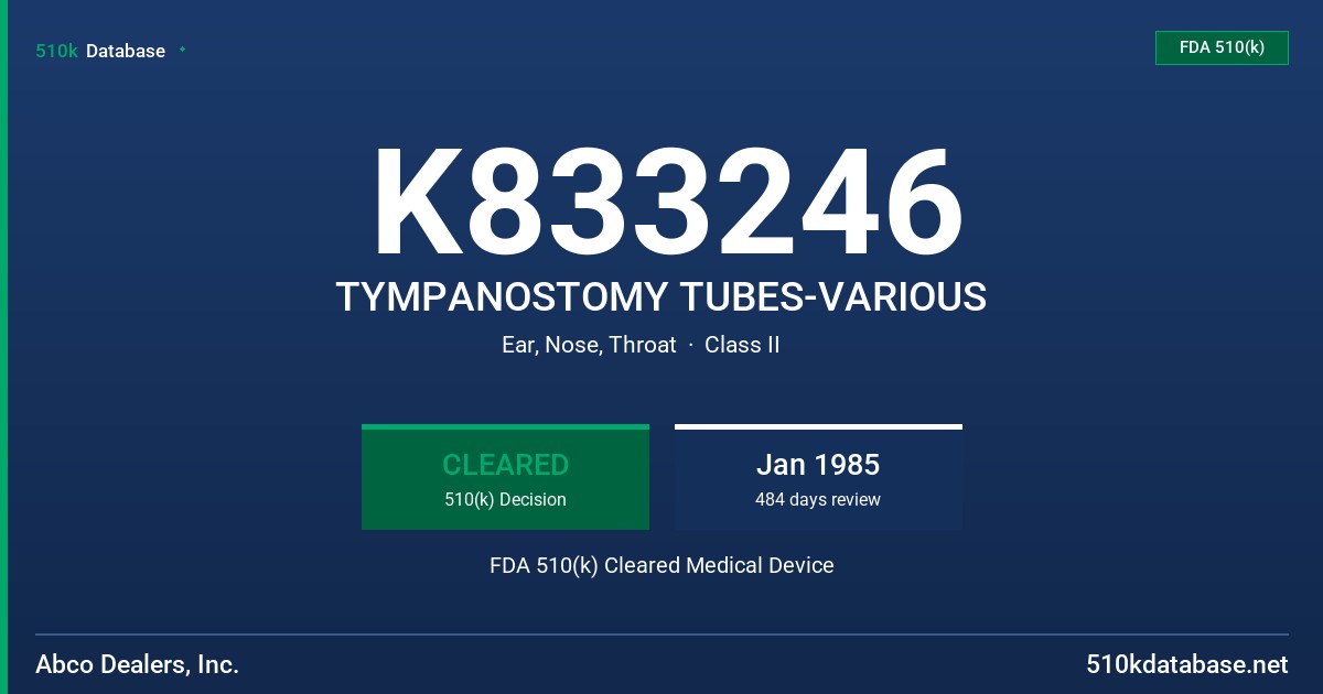 K833246 TYMPANOSTOMY TUBES-VARIOUS FDA 510(k) Cleared Medical Device