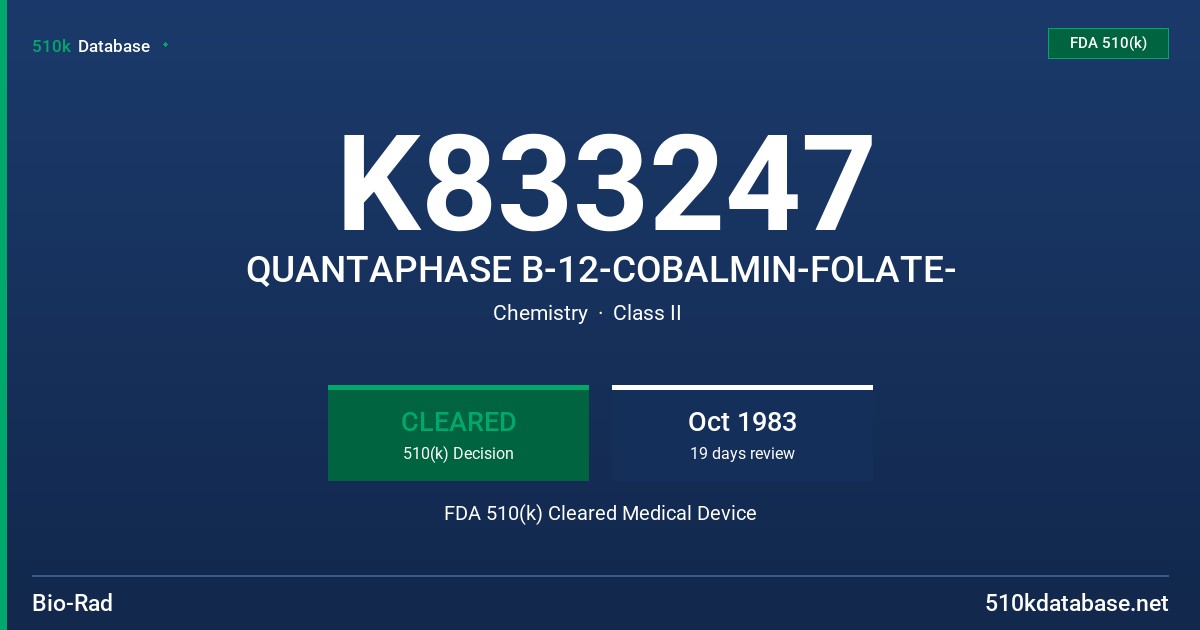 K833247 QUANTAPHASE B-12-COBALMIN-FOLATE- FDA 510(k) Cleared Medical Device