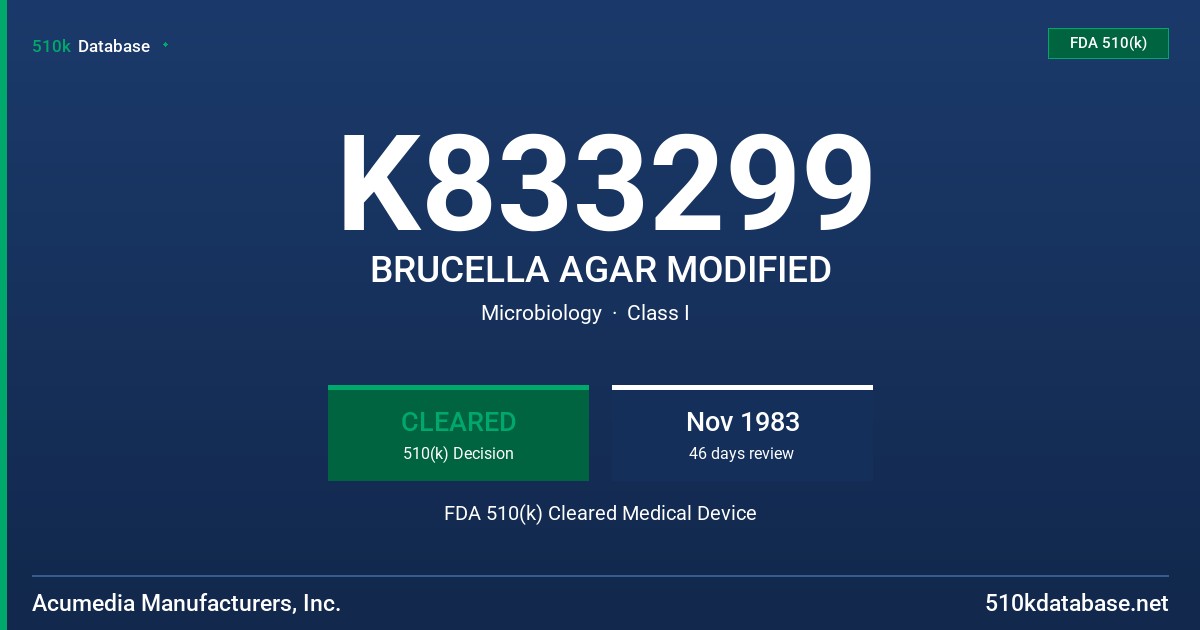 K833299 BRUCELLA AGAR MODIFIED FDA 510(k) Cleared Medical Device