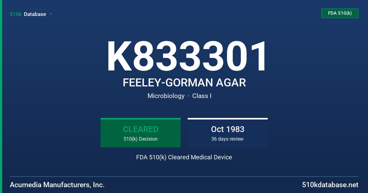 K833301 FEELEY-GORMAN AGAR FDA 510(k) Cleared Medical Device