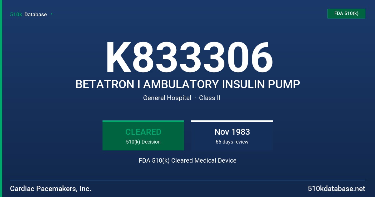 K833306 BETATRON I AMBULATORY INSULIN PUMP FDA 510(k) Cleared Medical Device