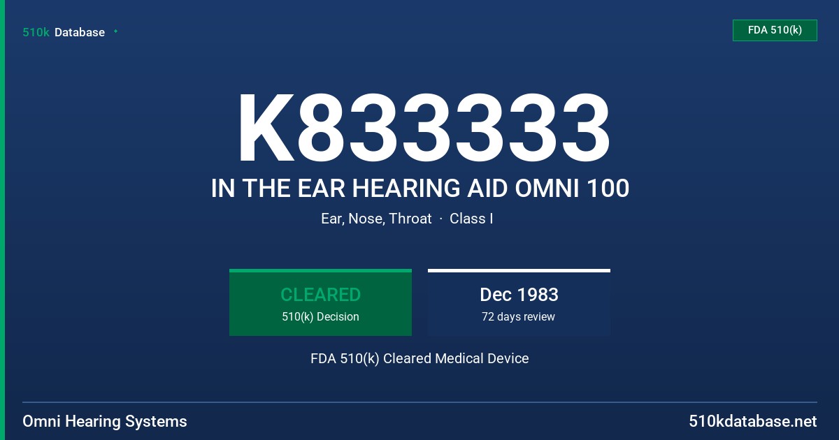 K833333 IN THE EAR HEARING AID OMNI 100 FDA 510(k) Cleared Medical Device