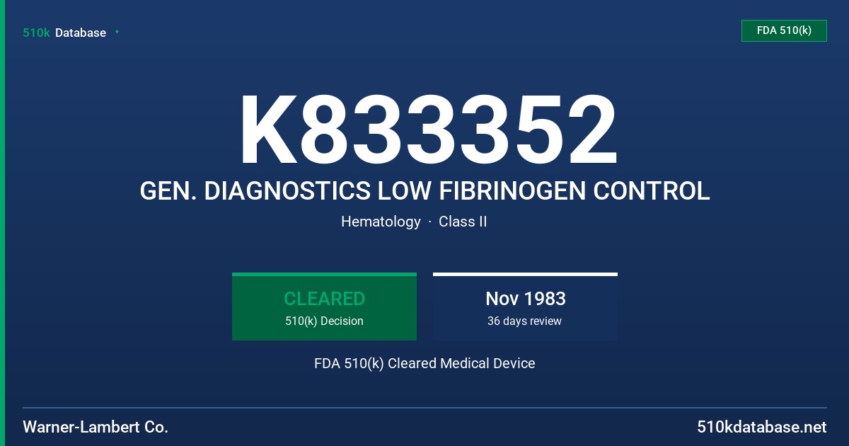 K833352 GEN. DIAGNOSTICS LOW FIBRINOGEN CONTROL FDA 510(k) Cleared Medical Device