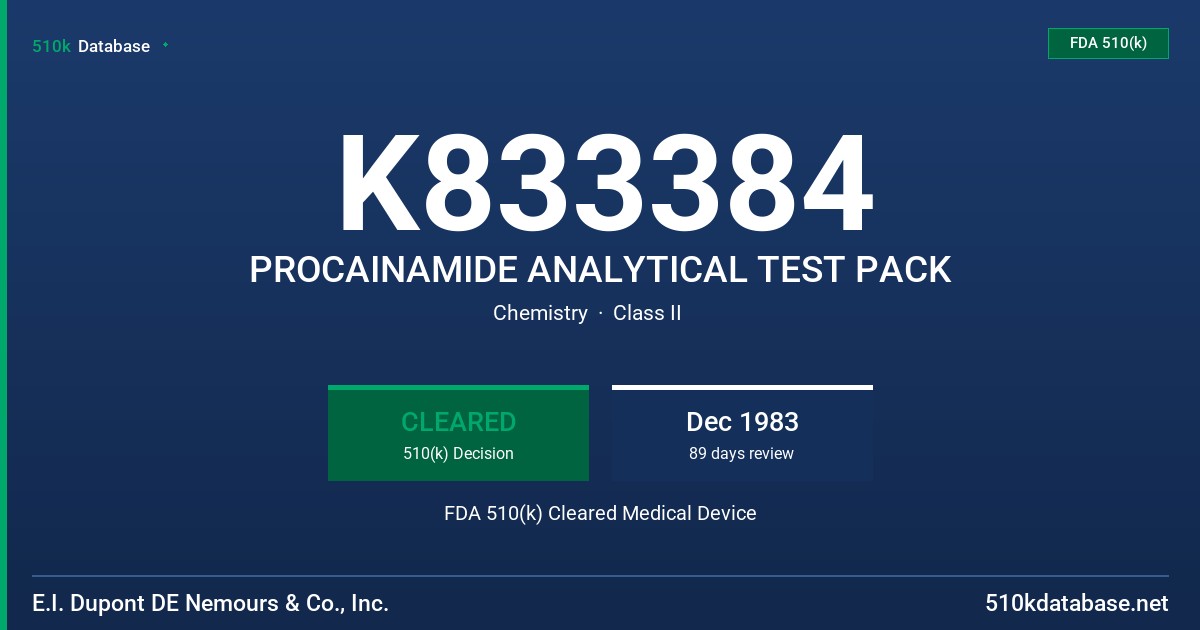K833384 PROCAINAMIDE ANALYTICAL TEST PACK FDA 510(k) Cleared Medical Device