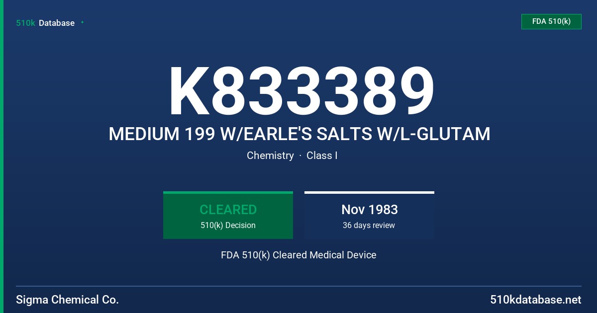 K833389 MEDIUM 199 W/EARLE'S SALTS W/L-GLUTAM FDA 510(k) Cleared Medical Device