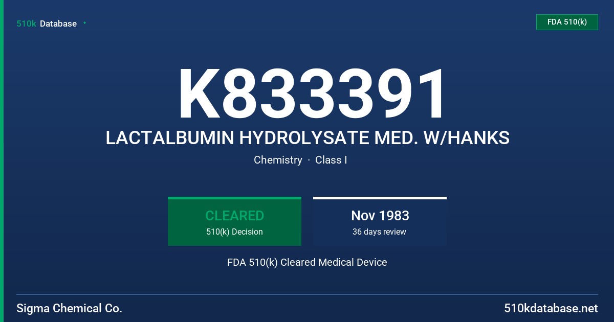 K833391 LACTALBUMIN HYDROLYSATE MED. W/HANKS FDA 510(k) Cleared Medical Device